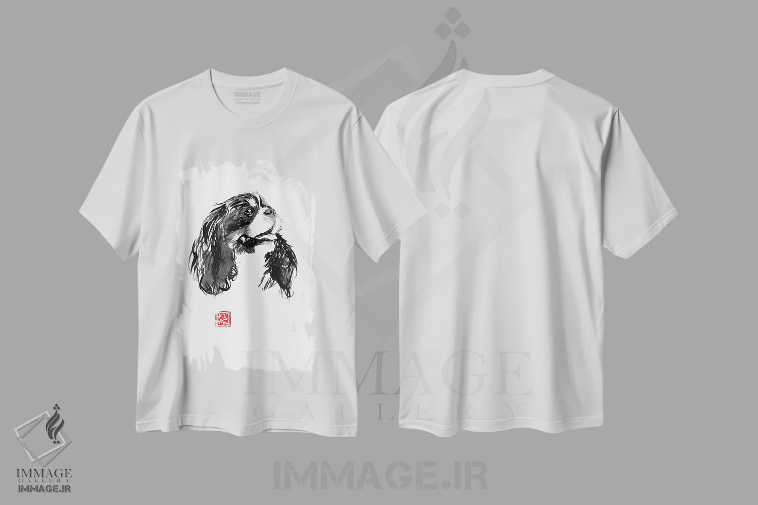 تیشرت سفید طرح دار کاوالیر کینگ چارلز، هنر تزئینی سیاه و سفید اثر پِشان | immage.ir