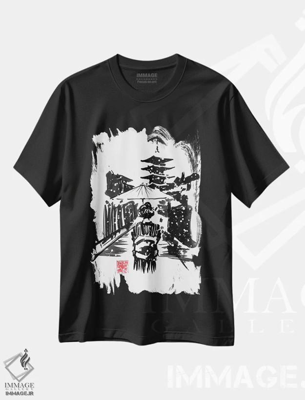 تیشرت مشکی طرح دار پاگودا زیر برف، دکور آسیایی اثر پِشان | فروشگاه ایماژ