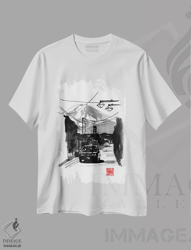 تیشرت سفید طرح دار فوجی یوشیدا و ماشین، دکور آسیایی اثر پِشان | فروشگاه ایماژ