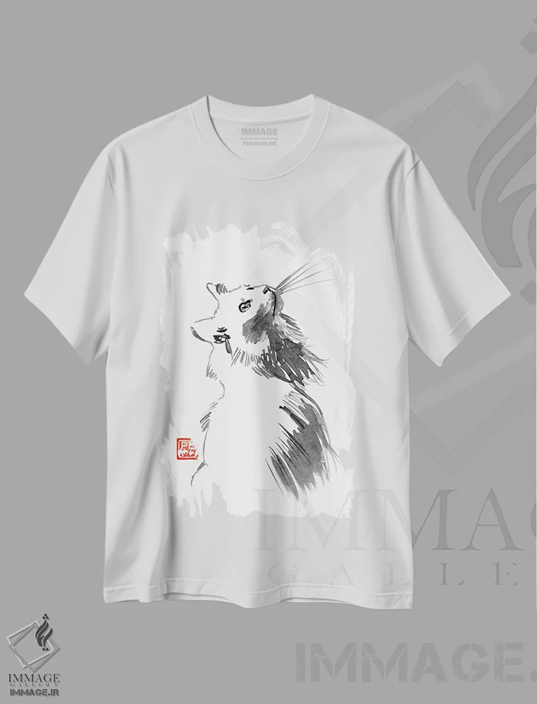 تیشرت سفید طرح دار گربه سفید، هنر تزئینی سیاه و سفید اثر پِشان | فروشگاه ایماژ