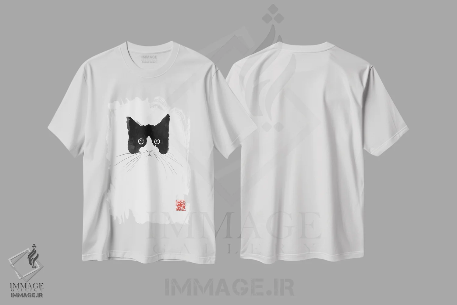 تیشرت سفید طرح دار سر گربه، هنر تزئینی سیاه و سفید اثر پِشان | فروشگاه ایماژ