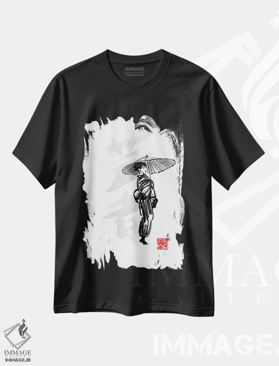 تیشرت مشکی طرح دار گیشا، دکور آسیایی اثر پِشان | فروشگاه ایماژ