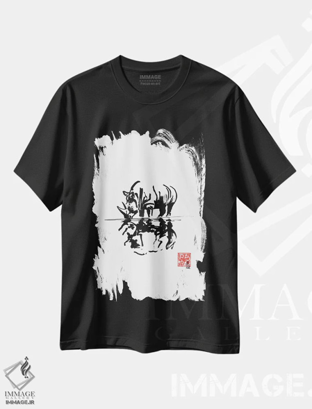 تیشرت مشکی طرح دار کرگدن، هنر تزئینی سیاه و سفید اثر پِشان | فروشگاه ایماژ