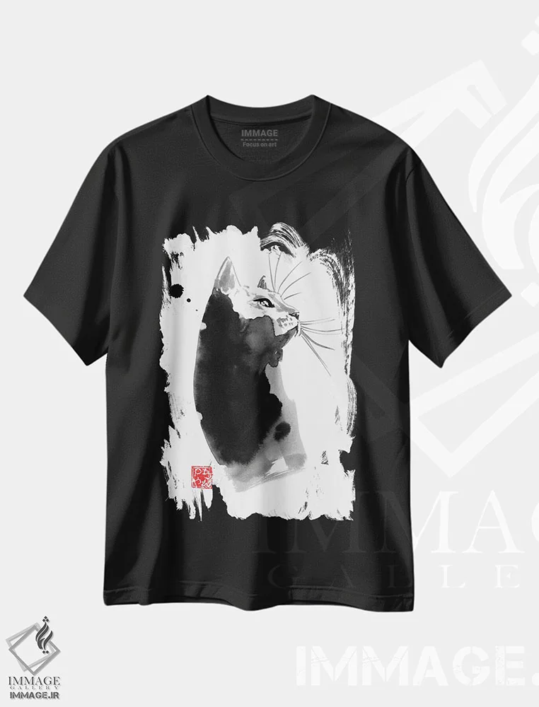 تیشرت مشکی طرح دار گربه خال خالی، هنر تزئینی سیاه و سفید اثر پِشان | immage.ir