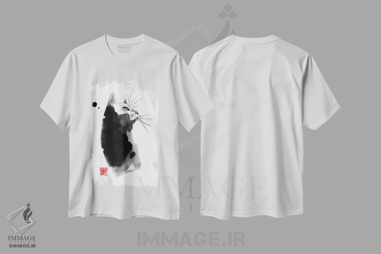 تیشرت سفید طرح دار گربه خال خالی، هنر تزئینی سیاه و سفید اثر پِشان | فروشگاه ایماژ