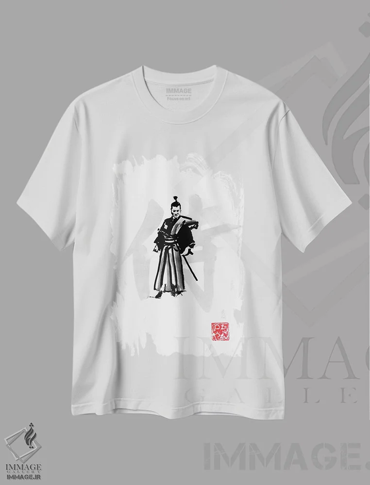 تیشرت سفید طرح دار سامورایی، دکور آسیایی اثر پِشان | فروشگاه ایماژ
