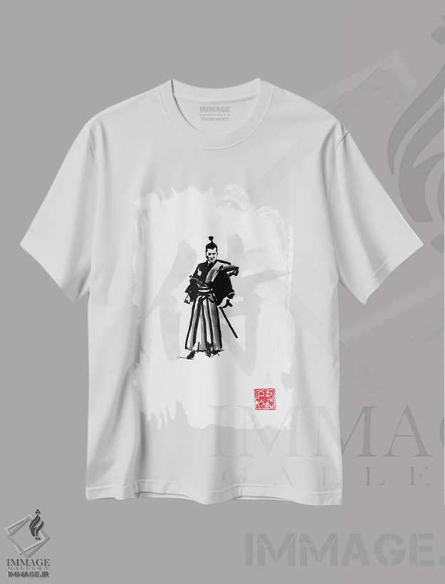 تیشرت سفید طرح دار سامورایی، دکور آسیایی اثر پِشان | فروشگاه ایماژ