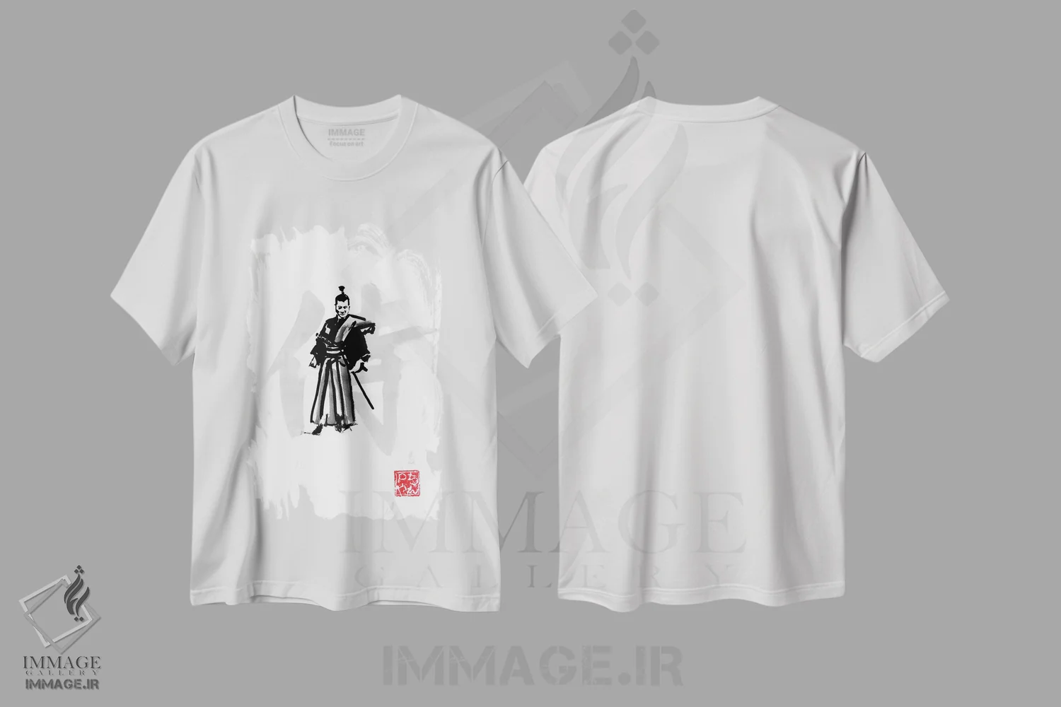 تیشرت سفید طرح دار سامورایی، دکور آسیایی اثر پِشان | فروشگاه ایماژ