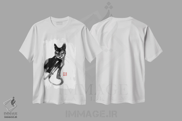 تیشرت سفید طرح دار گربه چینی، هنر تزئینی سیاه و سفید اثر پِشان | immage.ir