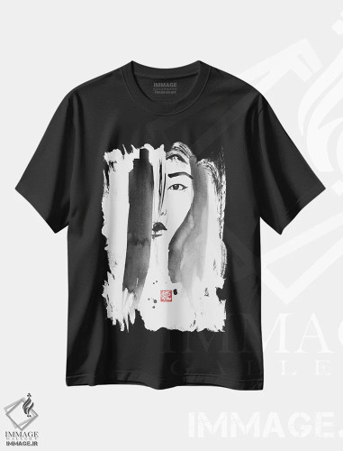 تیشرت مشکی طرح دار پرتره زن چینی، دکور آسیایی اثر پِشان | فروشگاه ایماژ