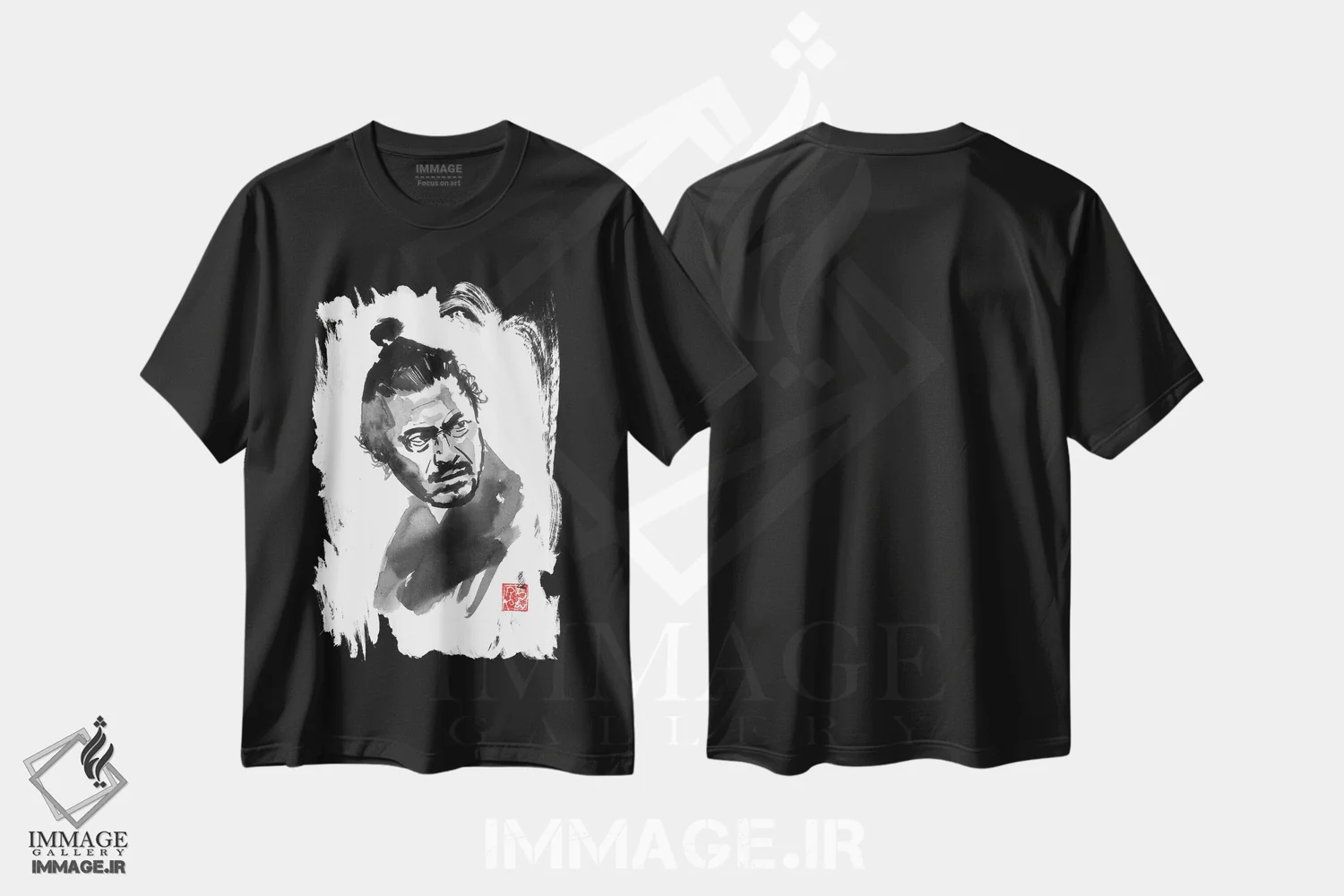 تیشرت مشکی طرح دار توشیرو سامورایی، دکور آسیایی اثر پِشان | فروشگاه ایماژ
