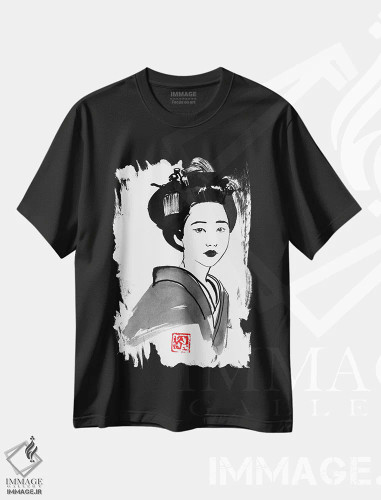 تیشرت مشکی طرح دار گیشا در نقش اصلی، دکور آسیایی اثر پِشان | فروشگاه ایماژ