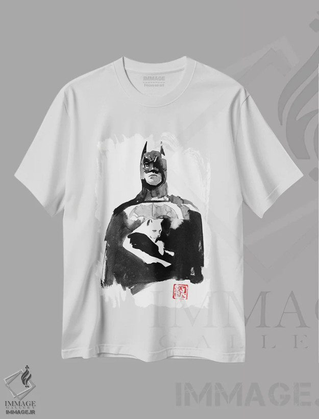تیشرت سفید طرح دار بتمن با گربه اش، هنر تزئینی سیاه و سفید اثر پِشان | فروشگاه ایماژ