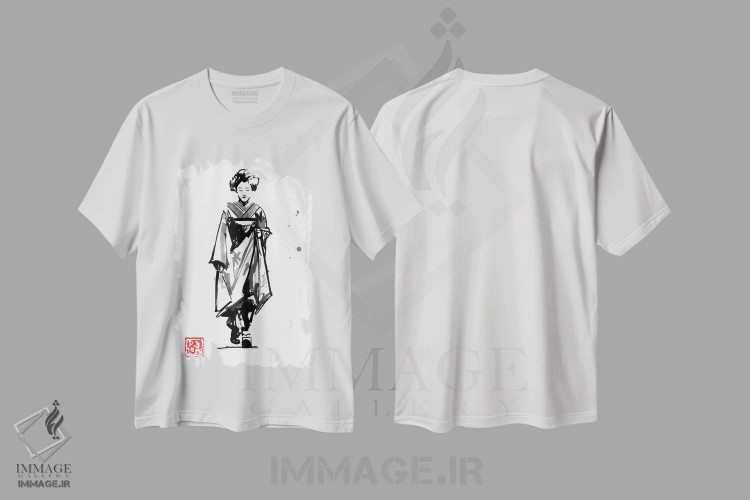 تیشرت سفید طرح دار گیشا در حال قدم زدن، هنر تزئینی سیاه و سفید اثر پِشان | فروشگاه ایماژ