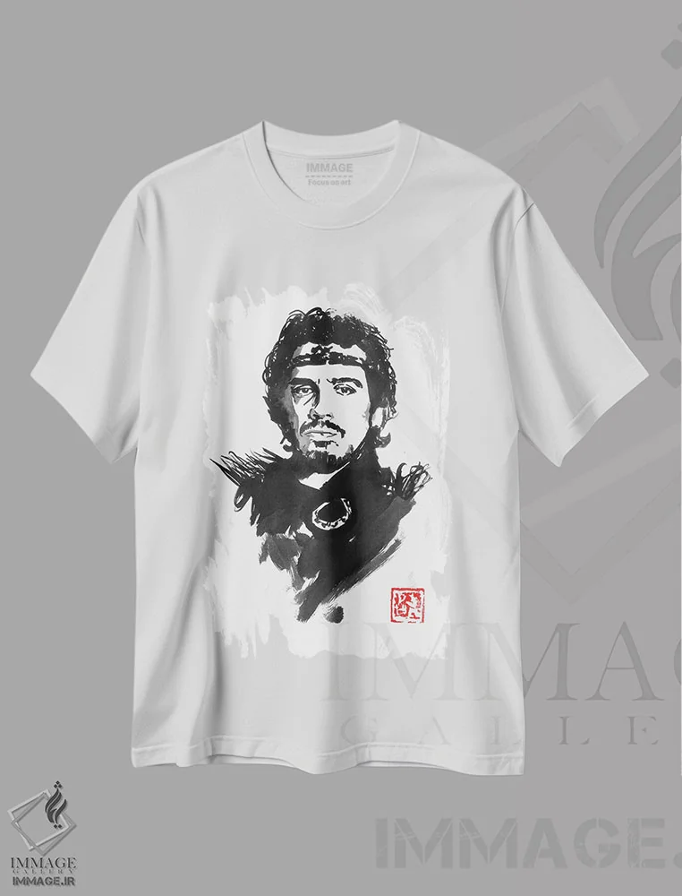 تیشرت سفید طرح دار شاه آرتور، هنر تزئینی سیاه و سفید اثر پِشان | فروشگاه ایماژ