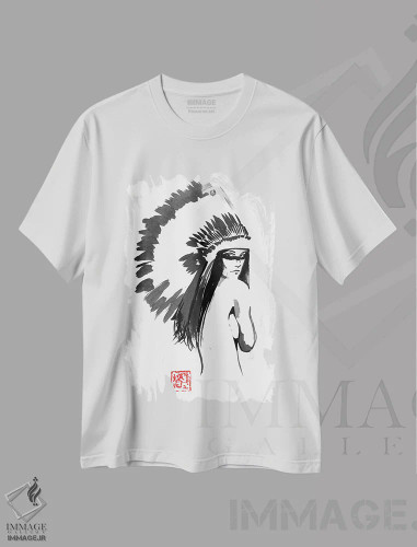 تیشرت سفید طرح دار زنی بومی، هنر تزئینی سیاه و سفید اثر پِشان | فروشگاه ایماژ