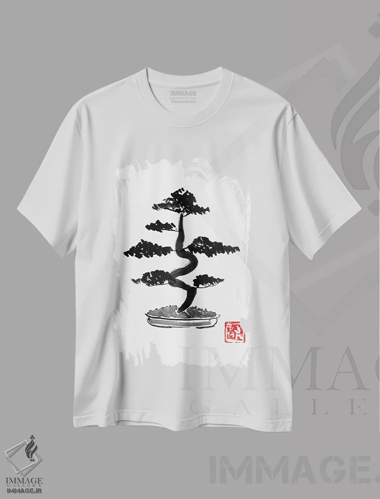 تیشرت سفید طرح دار بونزای، دکور آسیایی اثر پِشان | فروشگاه ایماژ