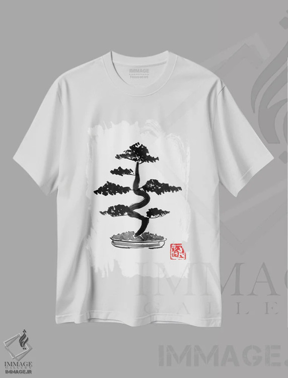 تیشرت سفید طرح دار بونزای، دکور آسیایی اثر پِشان | فروشگاه ایماژ