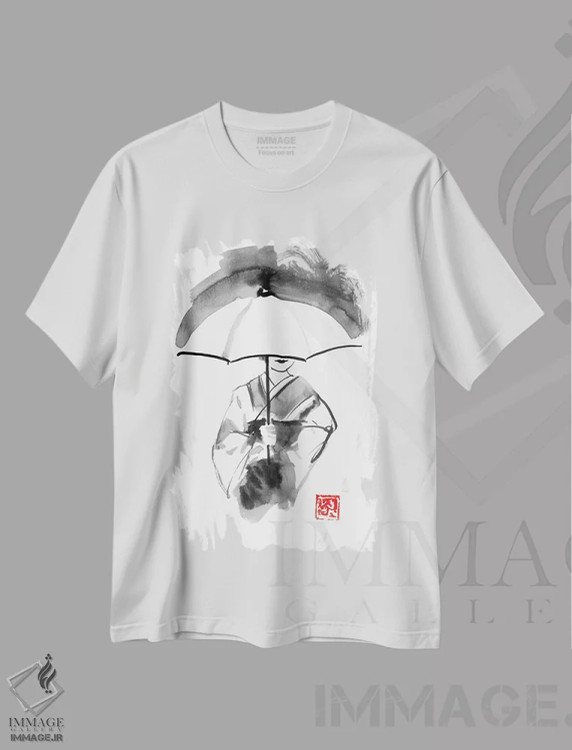 تیشرت سفید طرح دار گیشا و چتر سفید، دکور آسیایی اثر پِشان | فروشگاه ایماژ