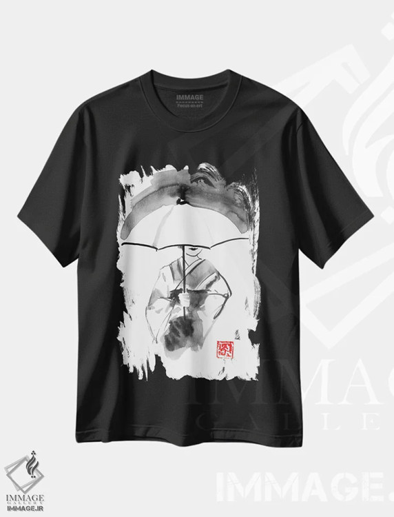 تیشرت مشکی طرح دار گیشا و چتر سفید، دکور آسیایی اثر پِشان | immage.ir
