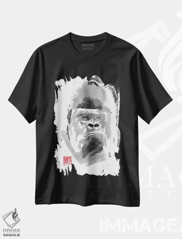 تیشرت مشکی طرح دار گوریل نگران، هنر تزئینی سیاه و سفید اثر پِشان | فروشگاه ایماژ