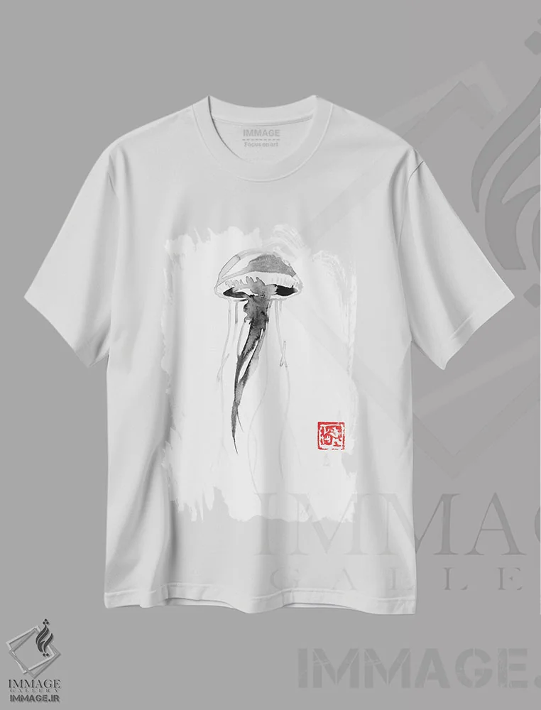 تیشرت سفید طرح دار عروس دریایی، هنر تزئینی سیاه و سفید اثر پِشان | فروشگاه ایماژ