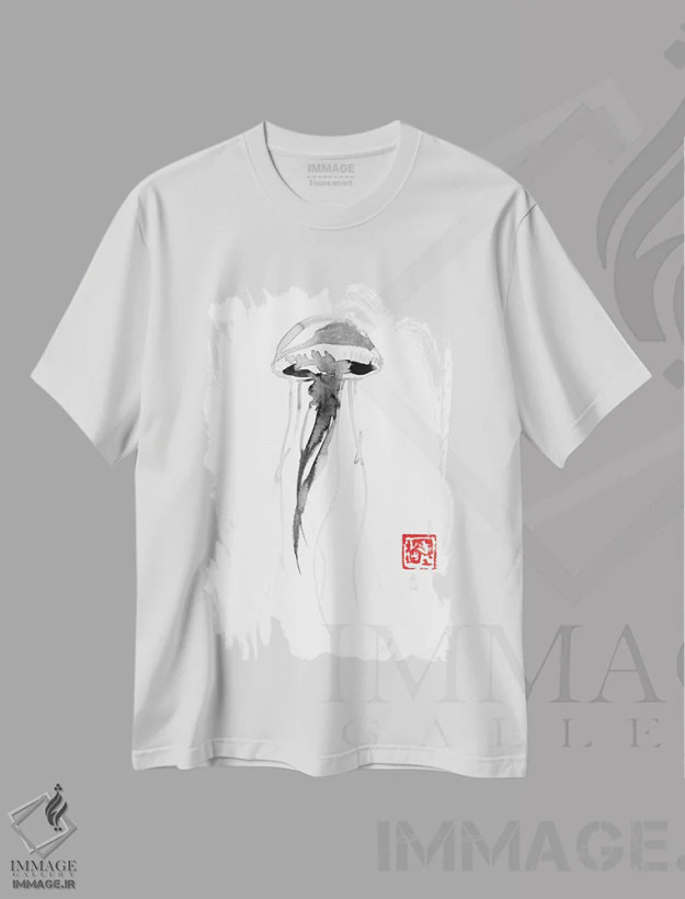 تیشرت سفید طرح دار عروس دریایی، هنر تزئینی سیاه و سفید اثر پِشان | فروشگاه ایماژ