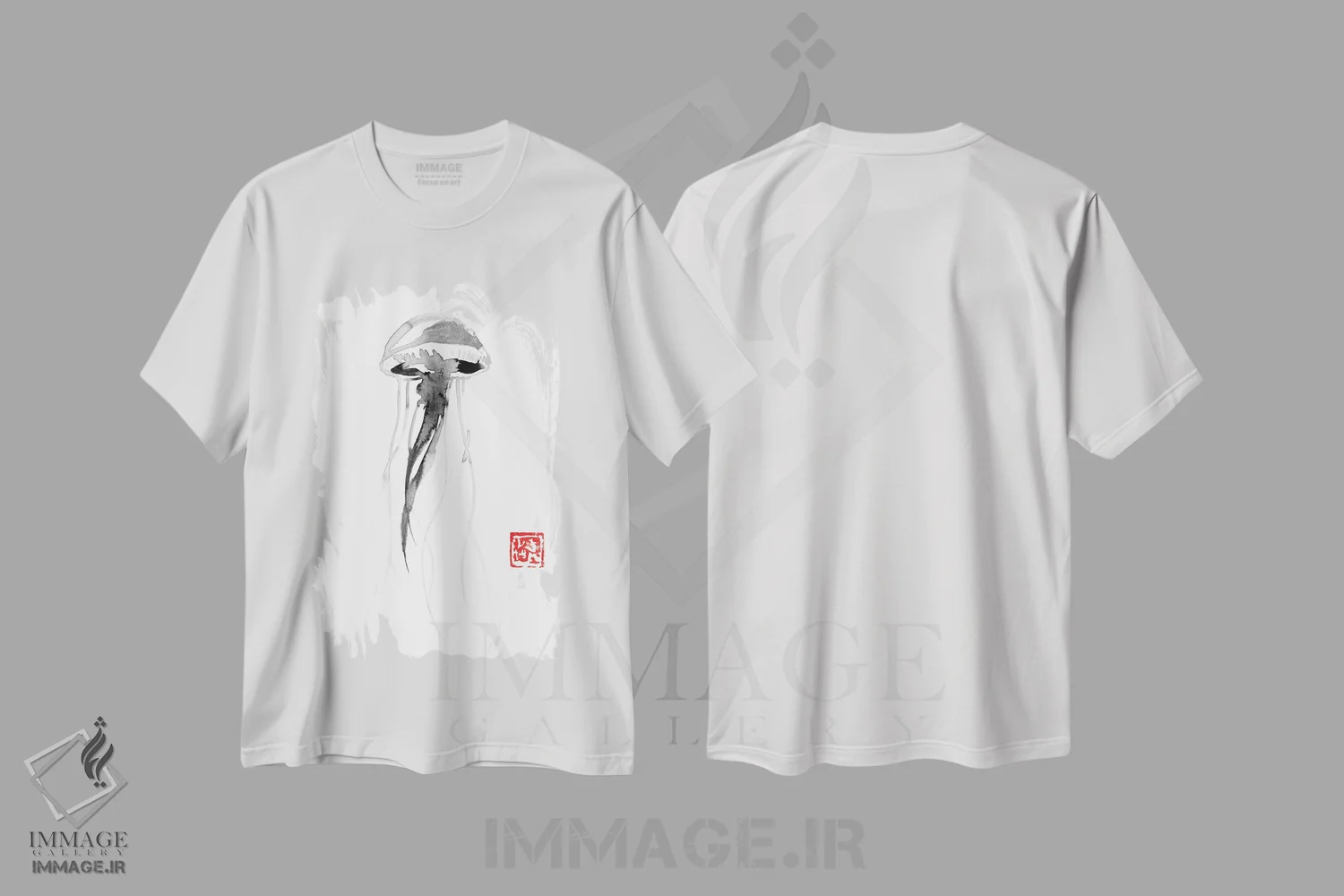 تیشرت سفید طرح دار عروس دریایی، هنر تزئینی سیاه و سفید اثر پِشان | فروشگاه ایماژ