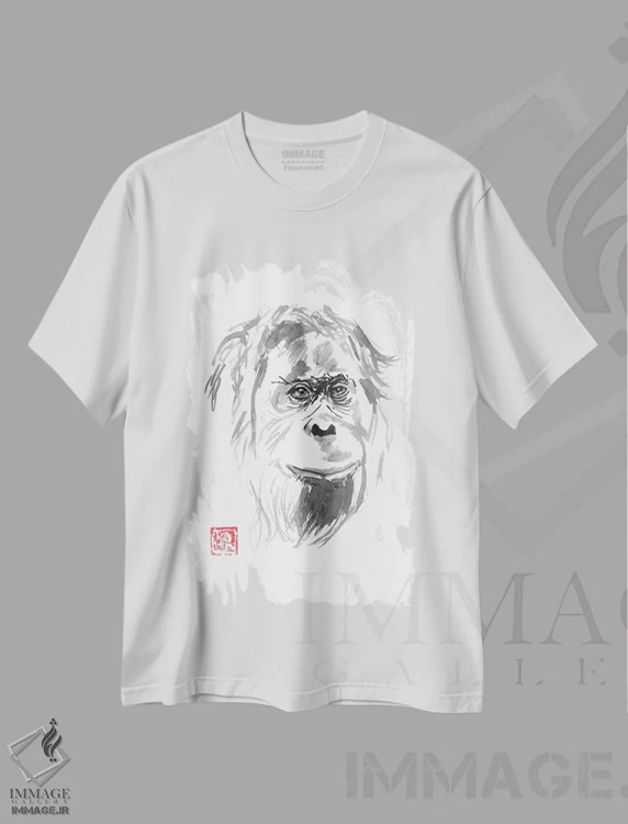تیشرت سفید طرح دار لبخند اورانگوتان، هنر تزئینی سیاه و سفید اثر پِشان | immage.ir