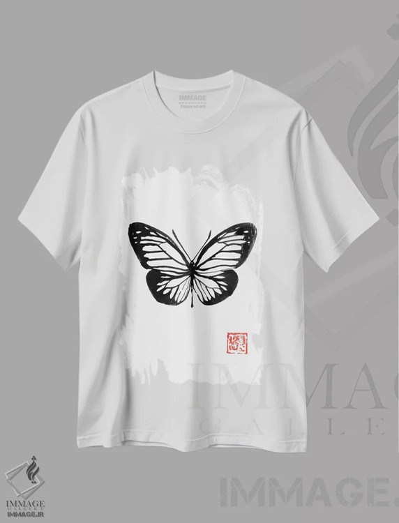 تیشرت سفید طرح دار پروانه، هنر تزئینی سیاه و سفید اثر پِشان | فروشگاه ایماژ
