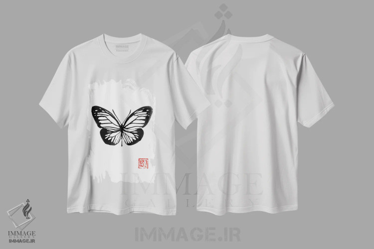 تیشرت سفید طرح دار پروانه، هنر تزئینی سیاه و سفید اثر پِشان | فروشگاه ایماژ