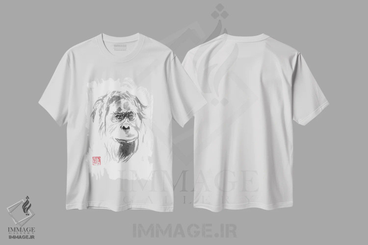 تیشرت سفید طرح دار لبخند اورانگوتان، هنر تزئینی سیاه و سفید اثر پِشان | immage.ir