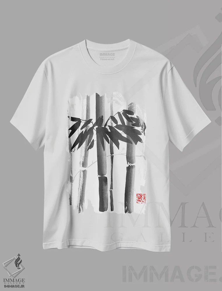 تیشرت سفید طرح دار دسته گل بامبو، دکور آسیایی اثر پِشان | فروشگاه ایماژ