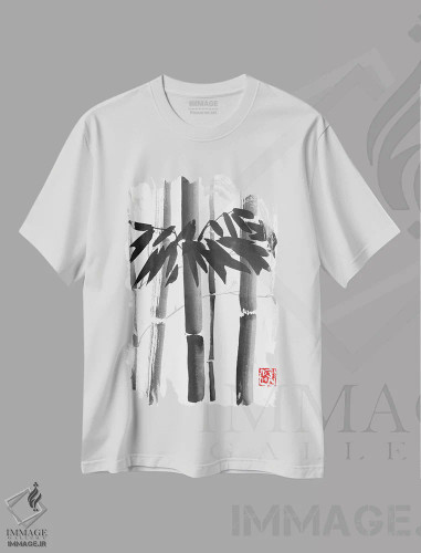 تیشرت سفید طرح دار دسته گل بامبو، دکور آسیایی اثر پِشان | فروشگاه ایماژ