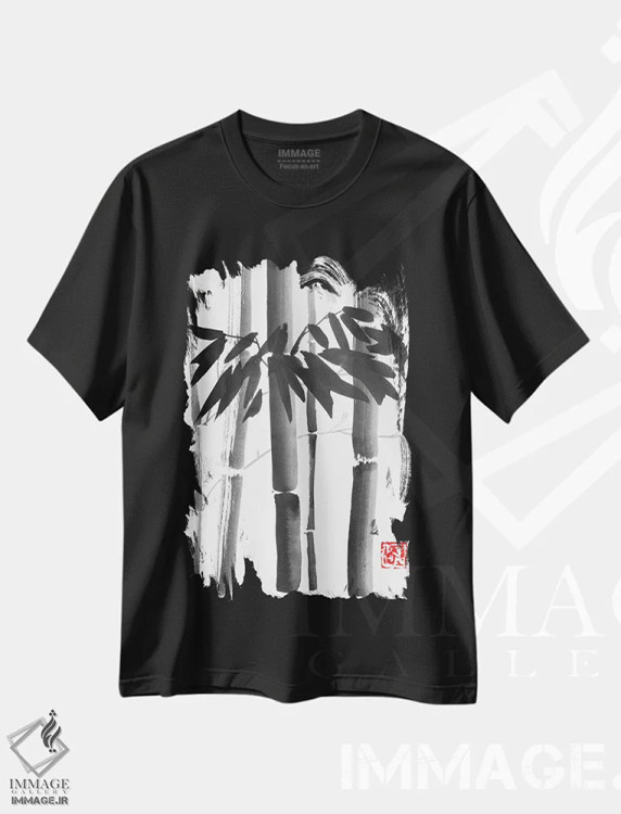 تیشرت مشکی طرح دار دسته گل بامبو، دکور آسیایی اثر پِشان | immage.ir