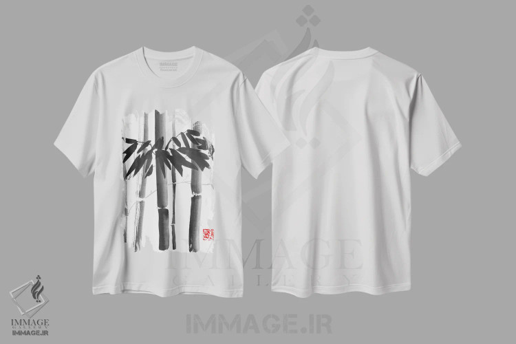 تیشرت سفید طرح دار دسته گل بامبو، دکور آسیایی اثر پِشان | فروشگاه ایماژ