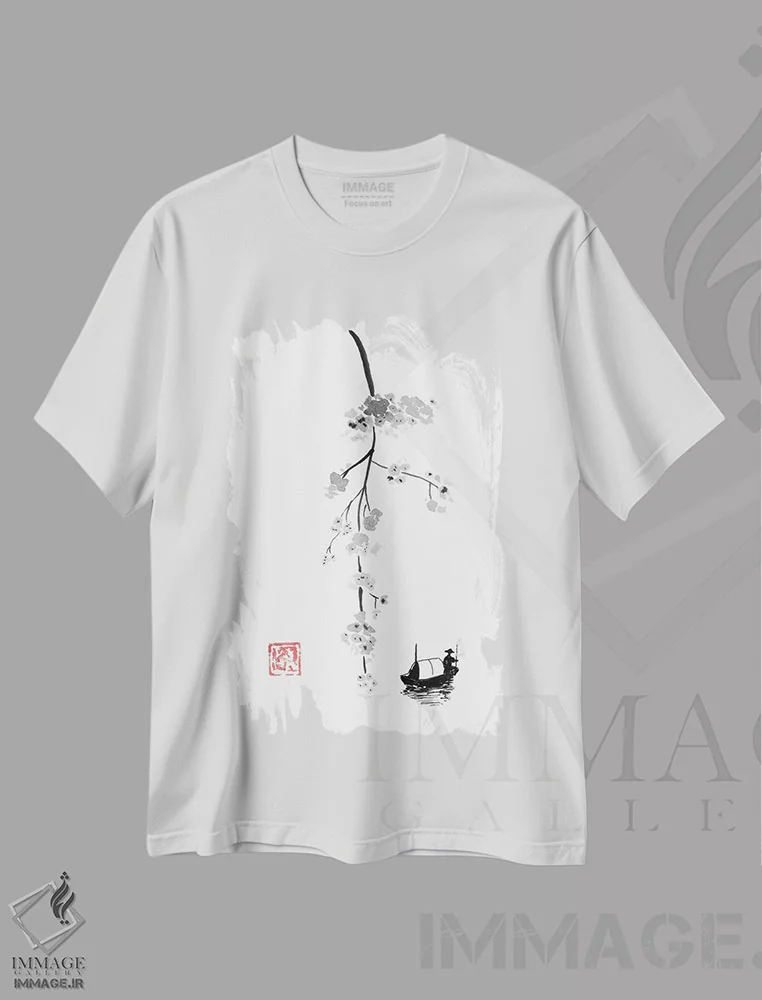 تیشرت سفید طرح دار شاخه ای روی رودخانه، دکور آسیایی اثر پِشان | فروشگاه ایماژ