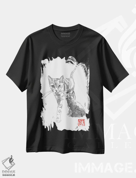 تیشرت مشکی طرح دار گربه و مادر، مدیوم اثر پِشان | فروشگاه ایماژ