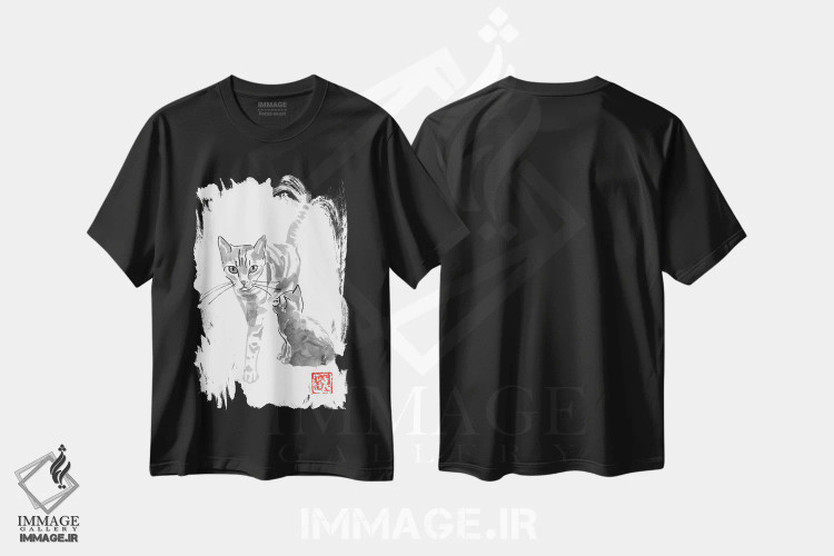 تیشرت مشکی طرح دار گربه و مادر، مدیوم اثر پِشان | فروشگاه ایماژ
