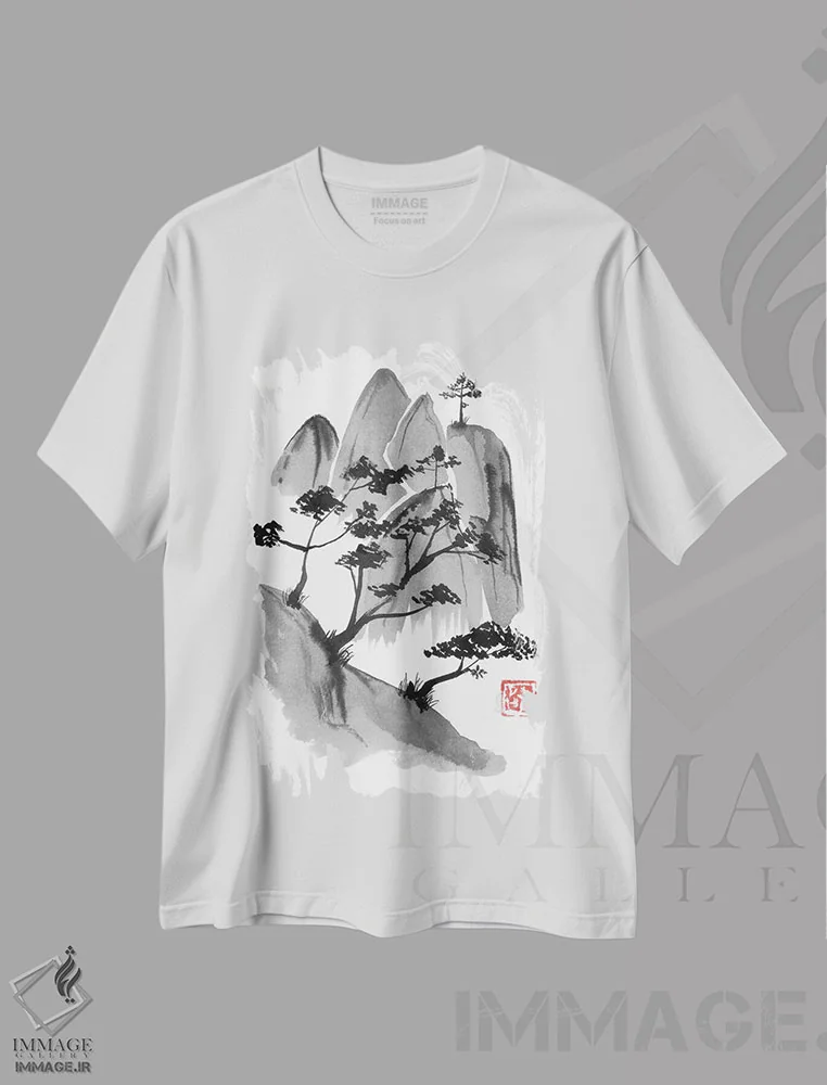 تیشرت سفید طرح دار صخره، دکور آسیایی اثر پِشان | فروشگاه ایماژ