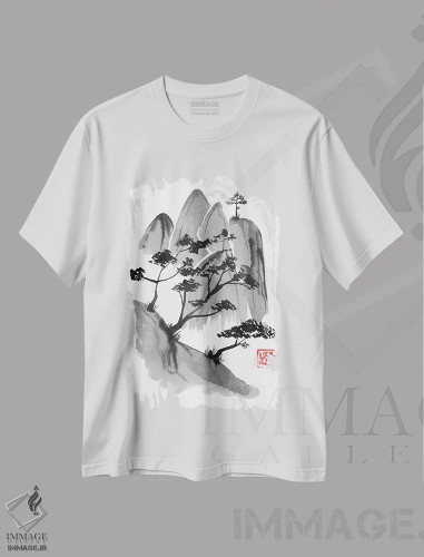 تیشرت سفید طرح دار صخره، دکور آسیایی اثر پِشان | فروشگاه ایماژ