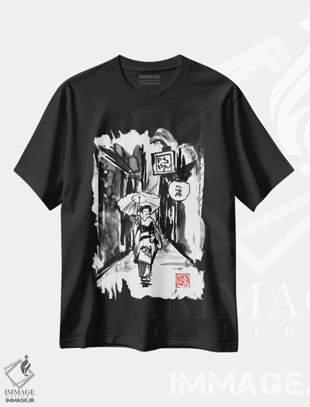 تیشرت مشکی طرح دار ادو، دکور آسیایی اثر پِشان | فروشگاه ایماژ