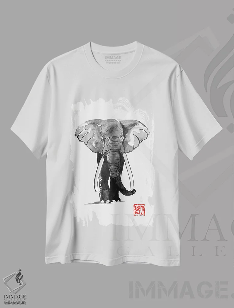 تیشرت سفید طرح دار فیل، دکور آسیایی اثر پِشان | فروشگاه ایماژ