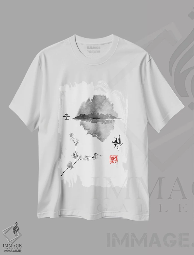 تیشرت سفید طرح دار ماهیگیر، دکور آسیایی اثر پِشان | فروشگاه ایماژ