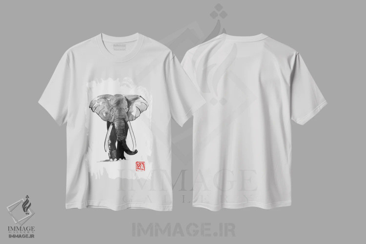 تیشرت سفید طرح دار فیل، دکور آسیایی اثر پِشان | فروشگاه ایماژ