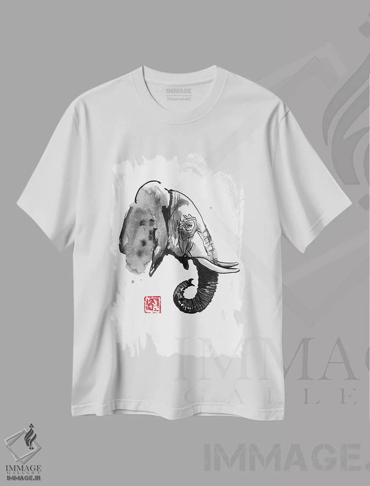 تیشرت سفید طرح دار نمای کنار فیل، دکور آسیایی اثر پِشان | immage.ir