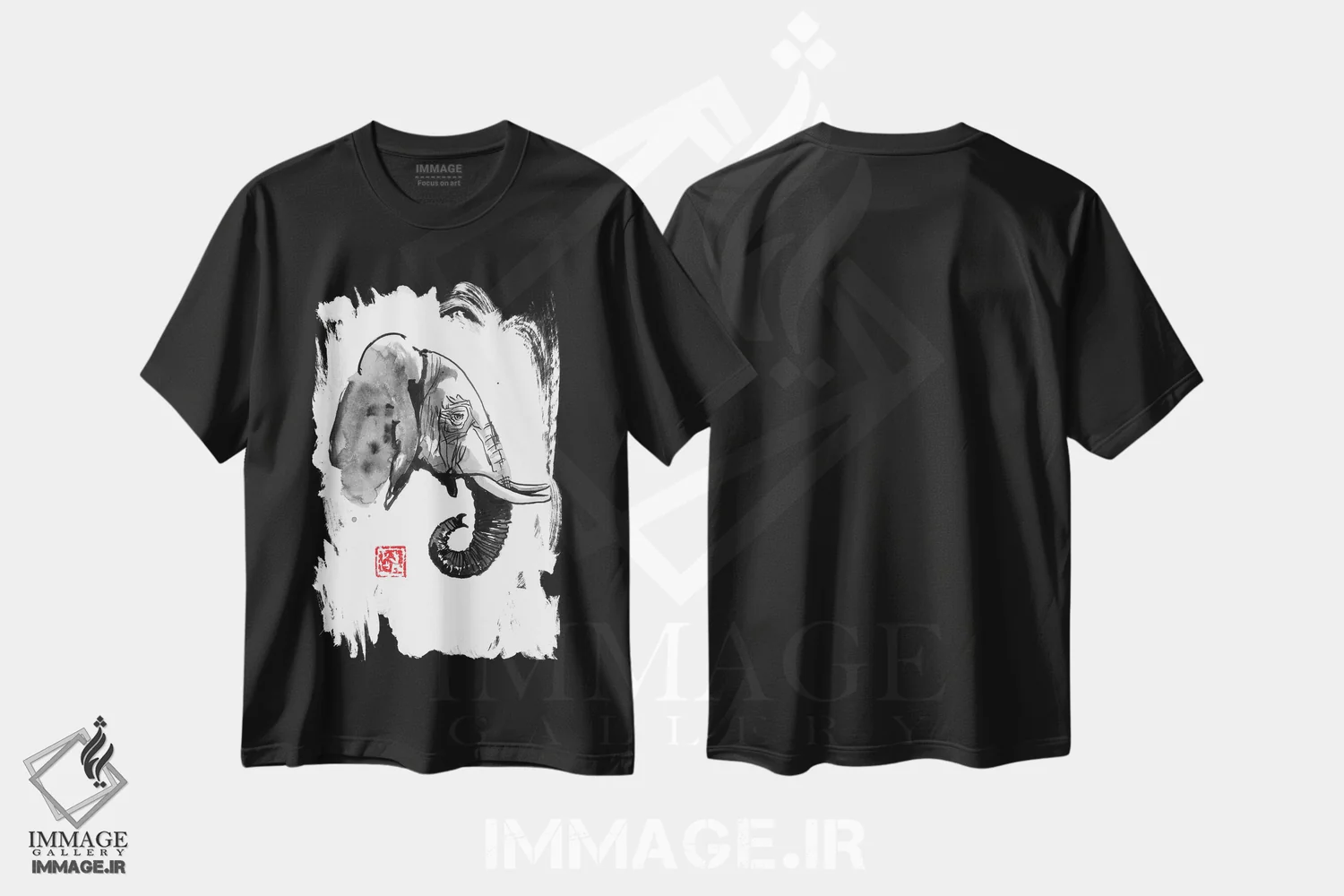 تیشرت مشکی طرح دار نمای کنار فیل، دکور آسیایی اثر پِشان | فروشگاه ایماژ