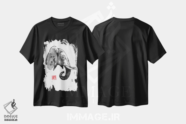 تیشرت مشکی طرح دار نمای کنار فیل، دکور آسیایی اثر پِشان | فروشگاه ایماژ