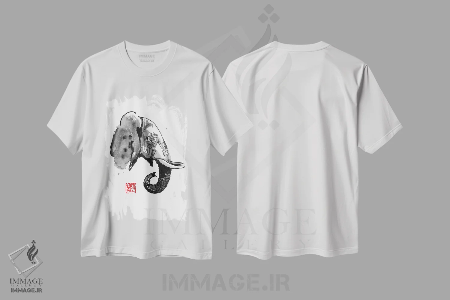 تیشرت سفید طرح دار نمای کنار فیل، دکور آسیایی اثر پِشان | immage.ir
