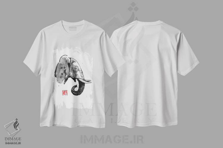 تیشرت سفید طرح دار نمای کنار فیل، دکور آسیایی اثر پِشان | immage.ir